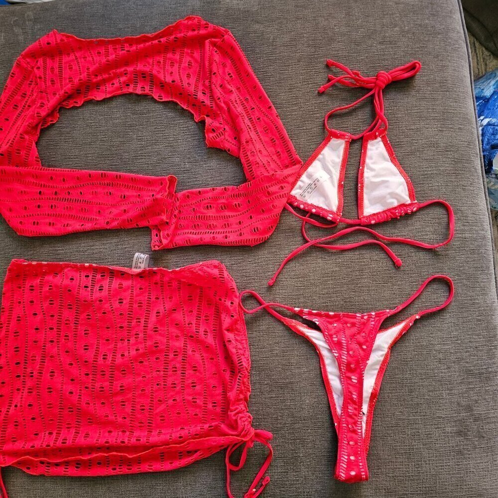 Red Sexy 4 Piece Triangle Bikini Top Thong Bottom Cover Up And Wrap Size Large - Picture 15 of 15